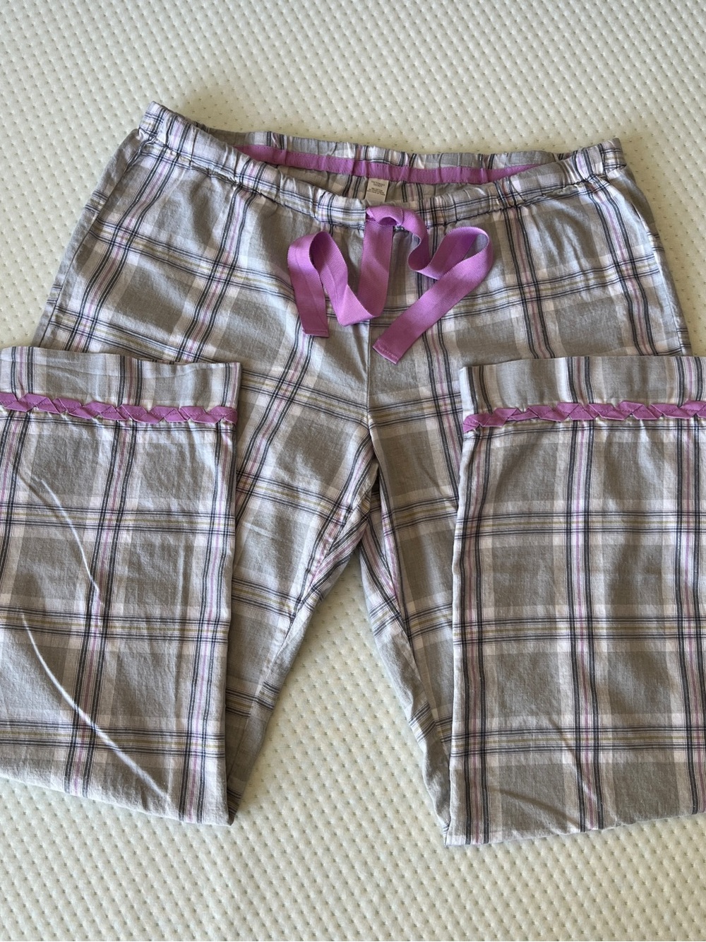 Victoria Secret Pajama Pants XL Gray Purple Plaid Cotton Braided Trim Pocket